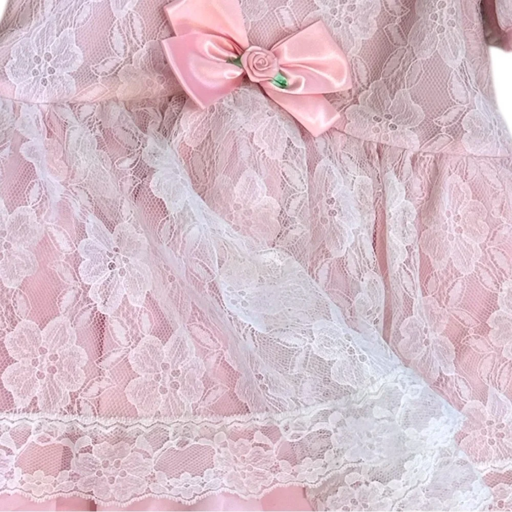 Vintage Toddler Girl Dress Pink White Floral Lace by Ribbons & Lace Collection